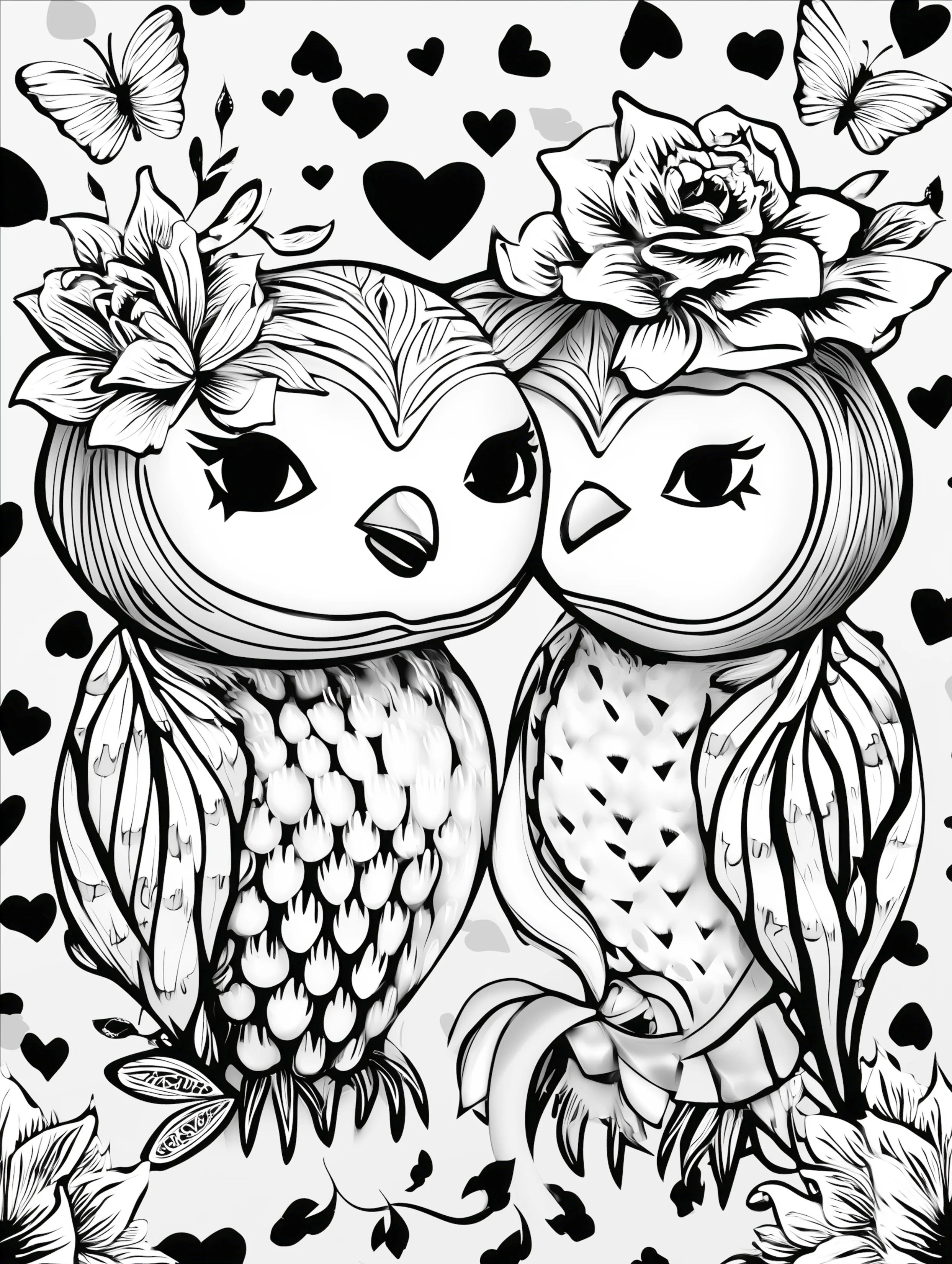 Free printable valentines coloring pages for adults featuring huddling owls